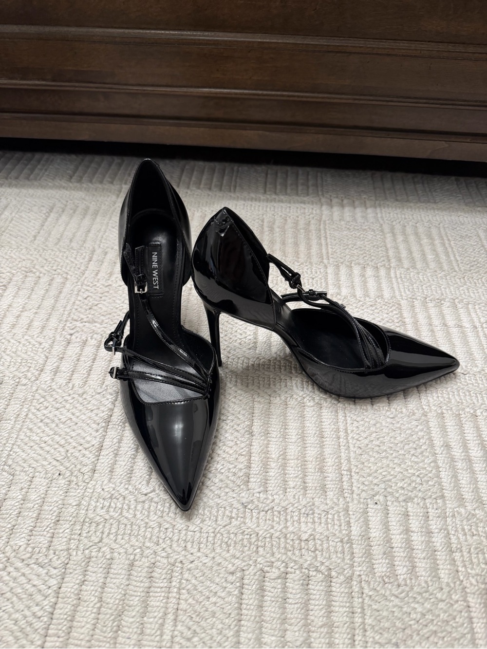 Nine West Black Patent T-Strap Pointed-Toe Pumps